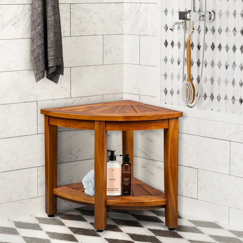 Wade Logan® Lamis 16'' W Teak Corner Shower Stool & Waterproof Shower ...
